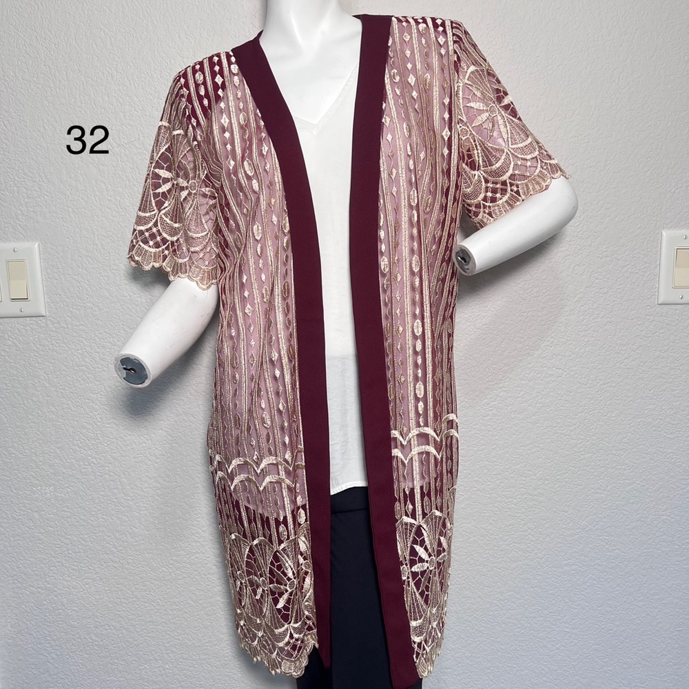 Vtg Michel Women L Kimono Cardigan gold Nude Mesh Lace Duster Boho Art Deco Glam